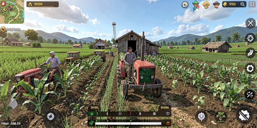 Screenshot gameplay 9N9N menampilkan ladang pertanian yang subur.