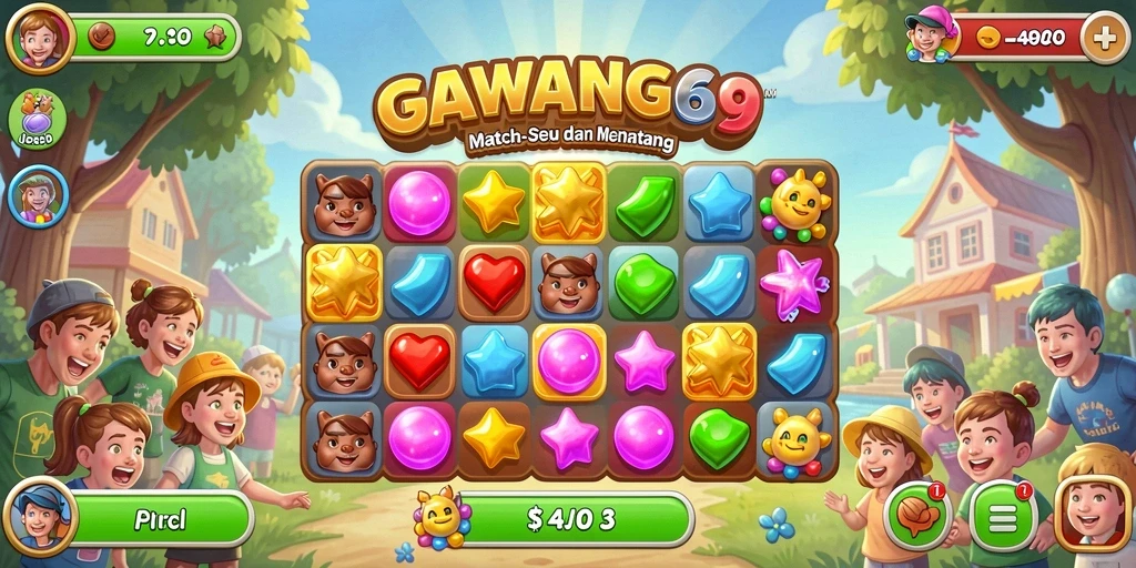 Screenshot permainan GAWANG69 dengan gameplay Match-3 yang menggugah selera.