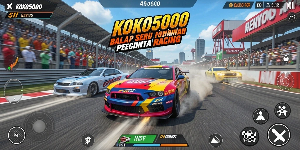 Gameplay seru balap di KOKO5000 dengan mobil berkecepatan tinggi.
