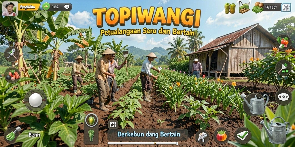 Tampilan gameplay TOPIWANGI menunjukkan aktivitas berkebun yang mengasyikkan.